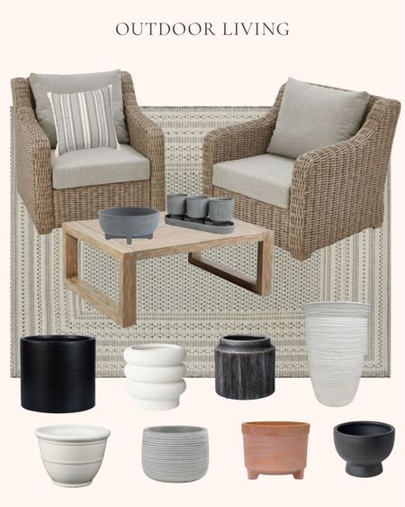 Outdoor living favorites at Walmart. Patio season. Summer. White bubble ceramic planter. White recycled resin planter pot. Black concrete patio pot. Round gray and white striped cement pot. 4-piece ceramic herb planter. Rustic ceramic planter pot. Terracotta clay planter with legs. Black ceramic pedestal planter. Scalloped edge grey bowl planter pot. Tall resin vase planter. Gray striped decorative pillow. Modern wood outdoor patio coffee table. 2-pack outdoor club chairs with gray cushions. Woven border gray outdoor rug  

#LTKSeasonal #LTKhome