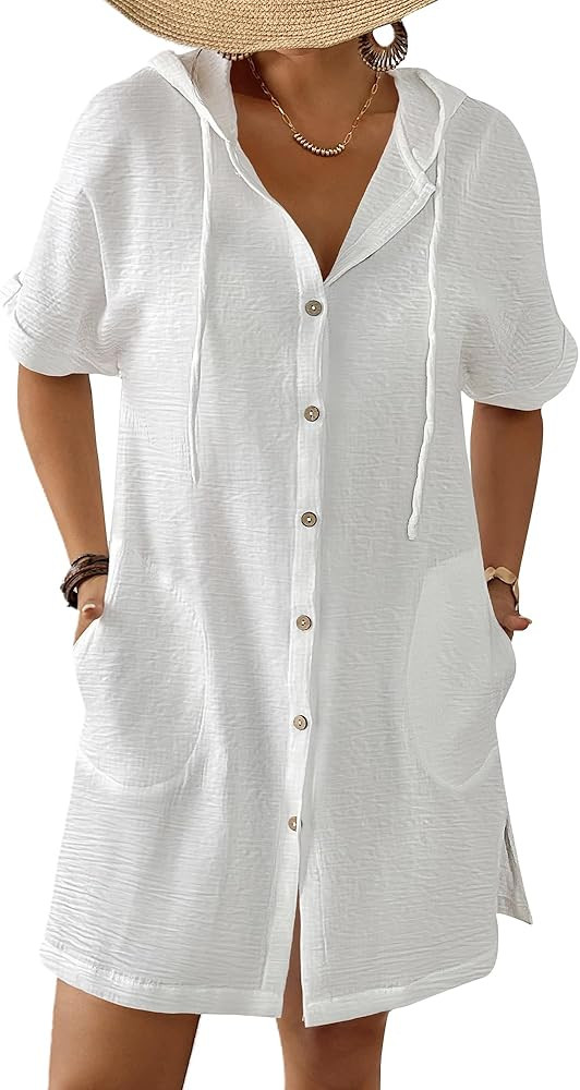 Bsubseach Womens Swimsuit Cover Up Shirt Button Down Short Sleeve Bathingsuit Coverups Hooded Bea... | Amazon (US)