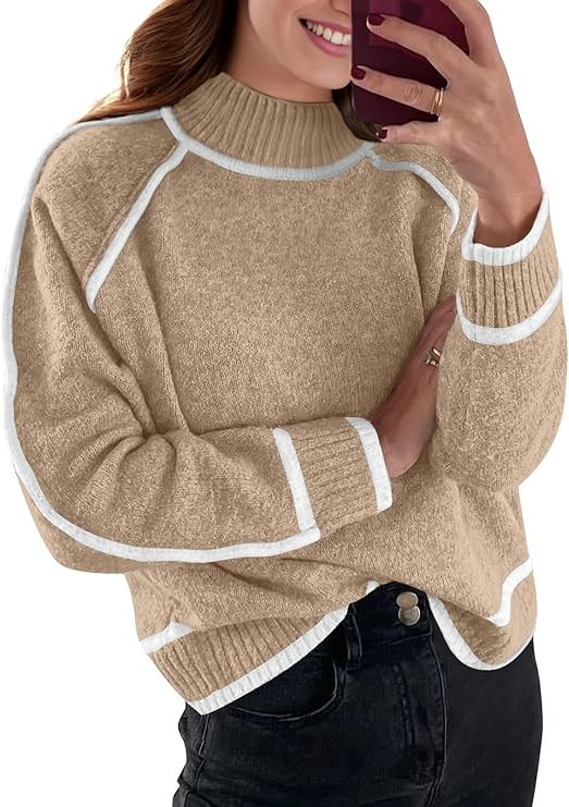 PrinStory Women's Mock Neck Pullover Sweater Long Sleeve Color Block Loose Knit 2024 Fall and Win... | Amazon (US)