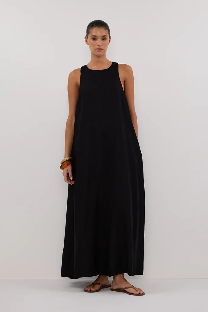 ISABELLE BLACK LINEN MIDI DRESS | DISSH