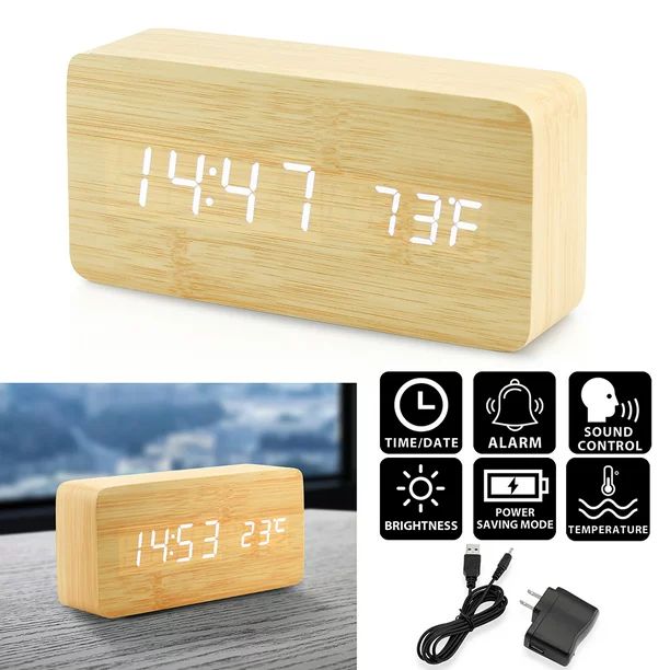 Oct17 LED Wooden Desk Clock Alarm Snooze Voice Control Timer Thermometer - Bamboo - Walmart.com | Walmart (US)