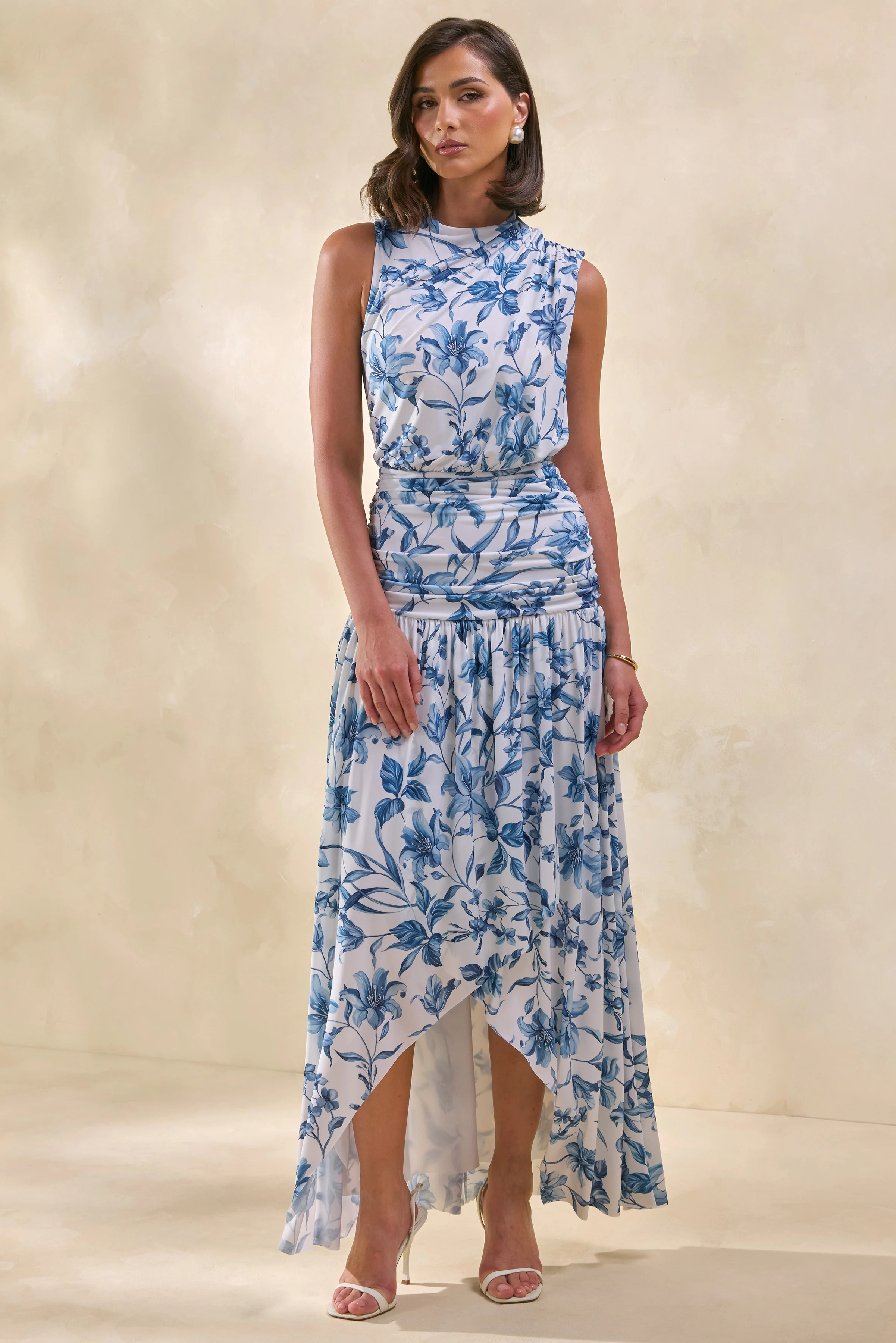 Myssara | Blue Porcelain-Print High-Neck Maxi Dress Gathered-Detailing | Club L London