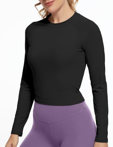 GGOV Womens Long Sleeve Crop Workout Tops Yoga Cropped Top Gym Shirts Athletic Clothes Slim Fit Black | Amazon (US)