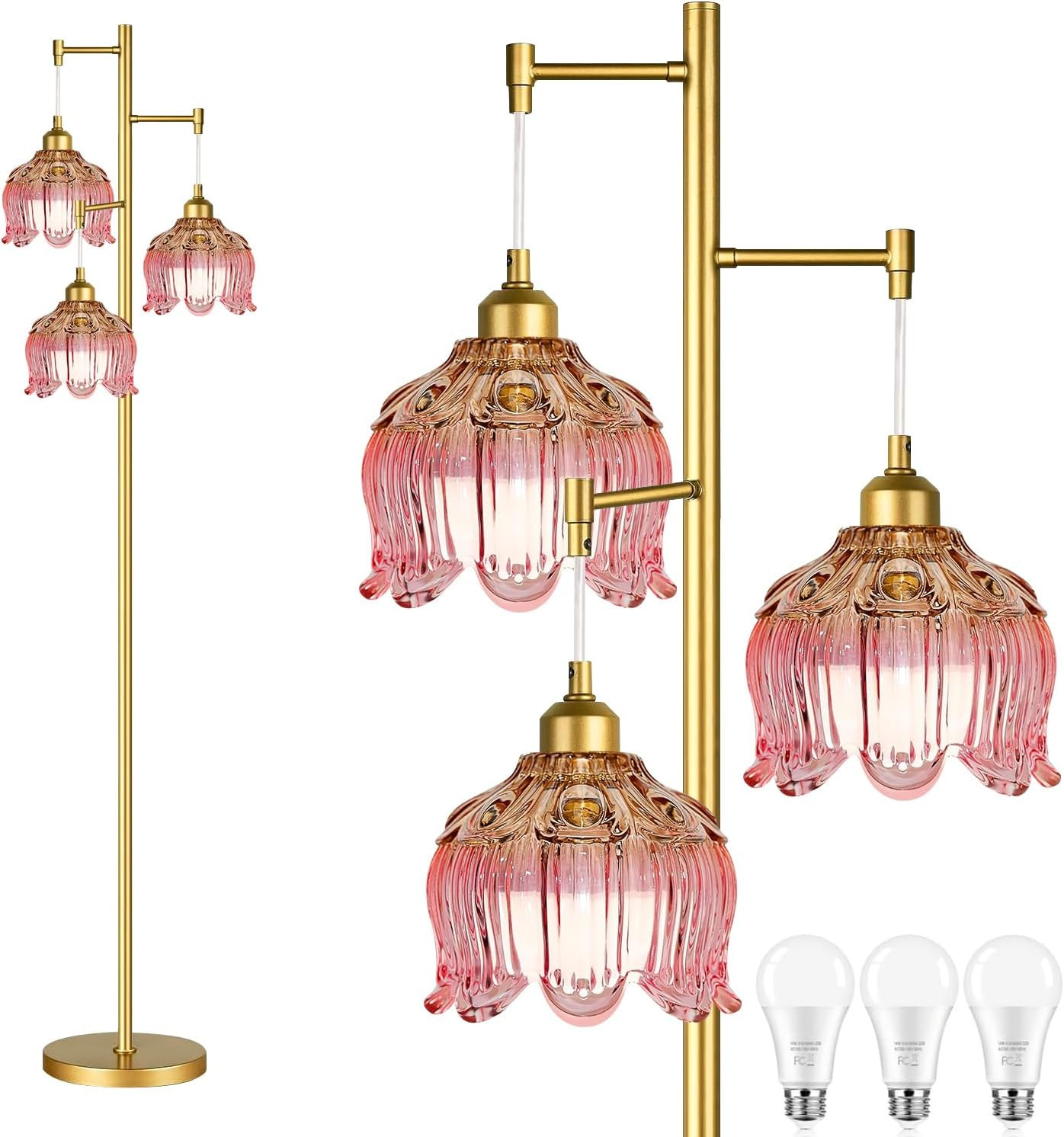 QIYIZM Pink Floor Lamp for Living Room,Bedroom,Gold Mid Century Modern Standing Lamp Brass Tree 3 Light Tall Floor Lamps Vintage Retro Floor Lights Glass Flower Lamp Shade Girls Kids Boho Bohemian | Amazon (US)