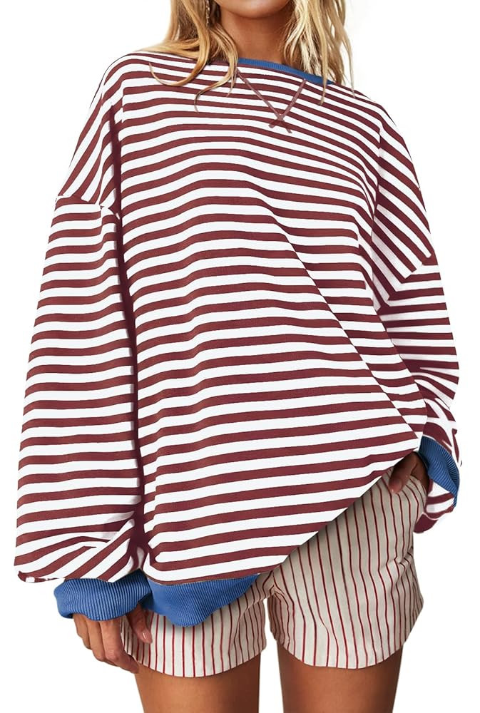 UEU Women Oversized Striped Crewneck Sweatshirt Long Sleeve Color Block Pullover Tops Casual Loos... | Amazon (US)