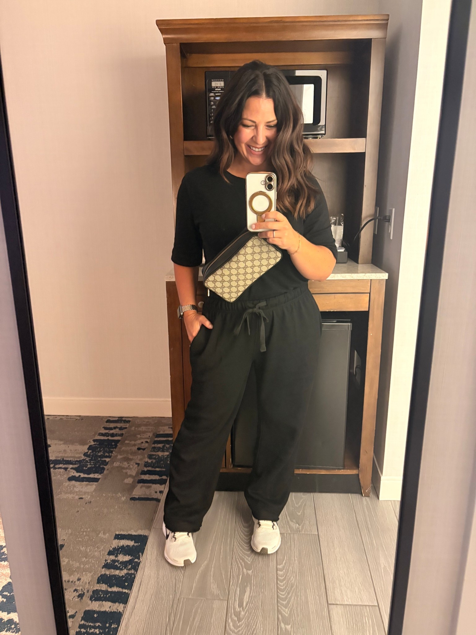 All good things must come to end! Headed home to California in a comfy two piece travel set that is petite friendly and affordable. Wearing my Nike Pegasus sneakers that are my go to walking shoes and a Gucci belt bag that was a gift from the Mr from @vintagebohobags. 

#LTKOver40 #LTKTravel #LTKPetite