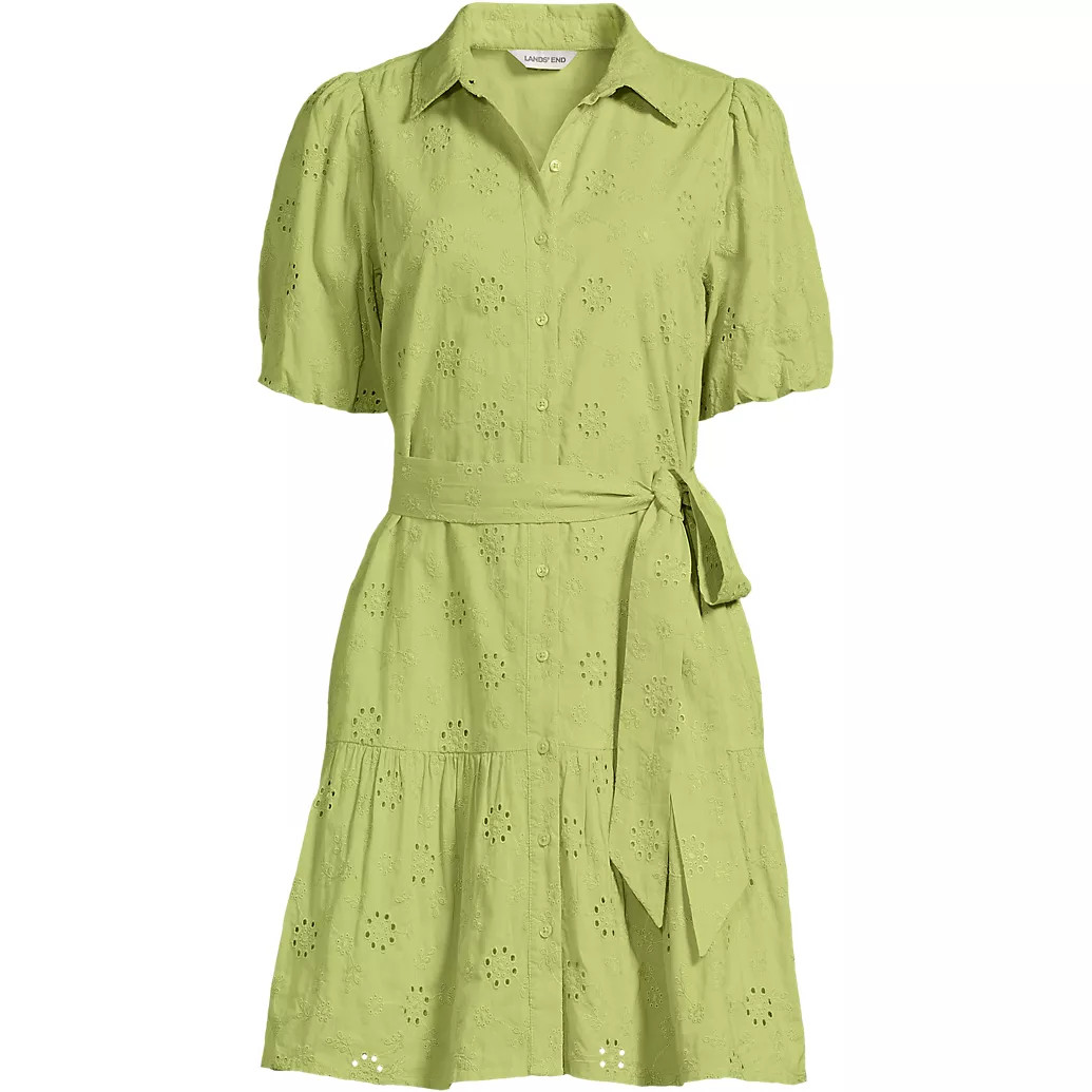 Women's Elbow Sleeve Eyelet Knee Length Shirt Dress | Lands' End (US)