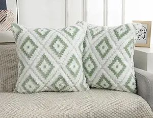 NUYECY Faux Fur Boho Throw Pillow Covers 18 x 18 Sage Green,Super Soft Plush Decorative Checkerbo... | Amazon (US)