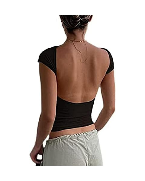 ForeFair Women Sexy Backless Short Sleeve Slim Fit Crewneck Summer Casual Y2K Crop Tee | Amazon (US)