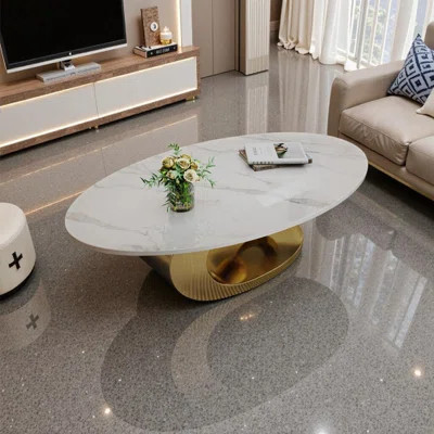Sculptural Stainless Steel and Faux Marble Oval Coffee Table | Wayfair North America