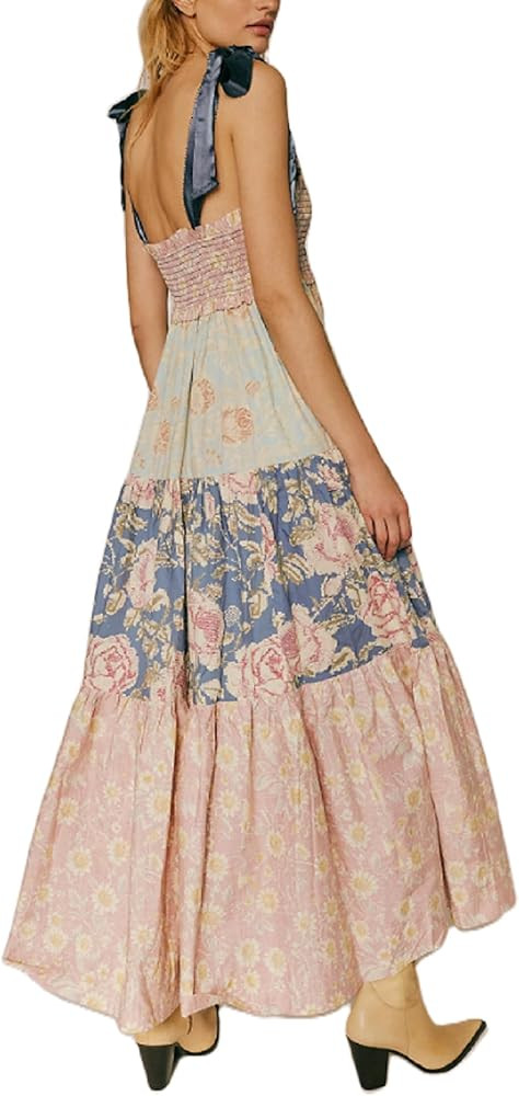 Women Boho Floral Long Cami Dress Backless Square Neck Graffiti Maxi Dress A-line Flowy Summer Be... | Amazon (US)