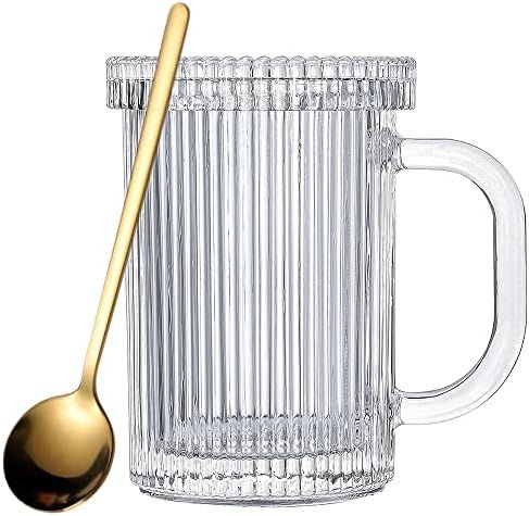 11 oz Vintage Ribbed Clear Glass Coffee Mugs- Classic Vertical Stripes Coffee Cup with Glass Lid ... | Amazon (US)