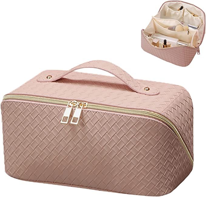 BAKLUCK Travel Makeup Bag Cosmetic Bag with Compartments Large Capacity Lay Flat Makeup Bag PU Le... | Amazon (US)