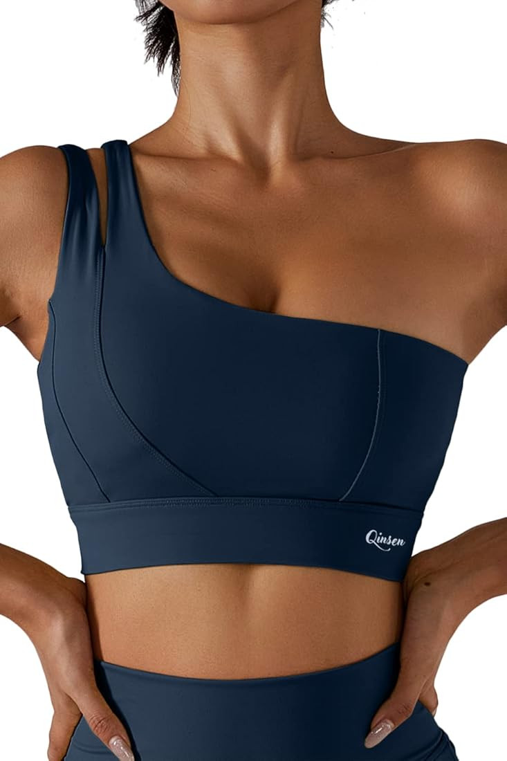 QINSEN Womens One Shoulder Yoga Bra Cutout Straps Athletic Sports Running Workout Top | Amazon (US)