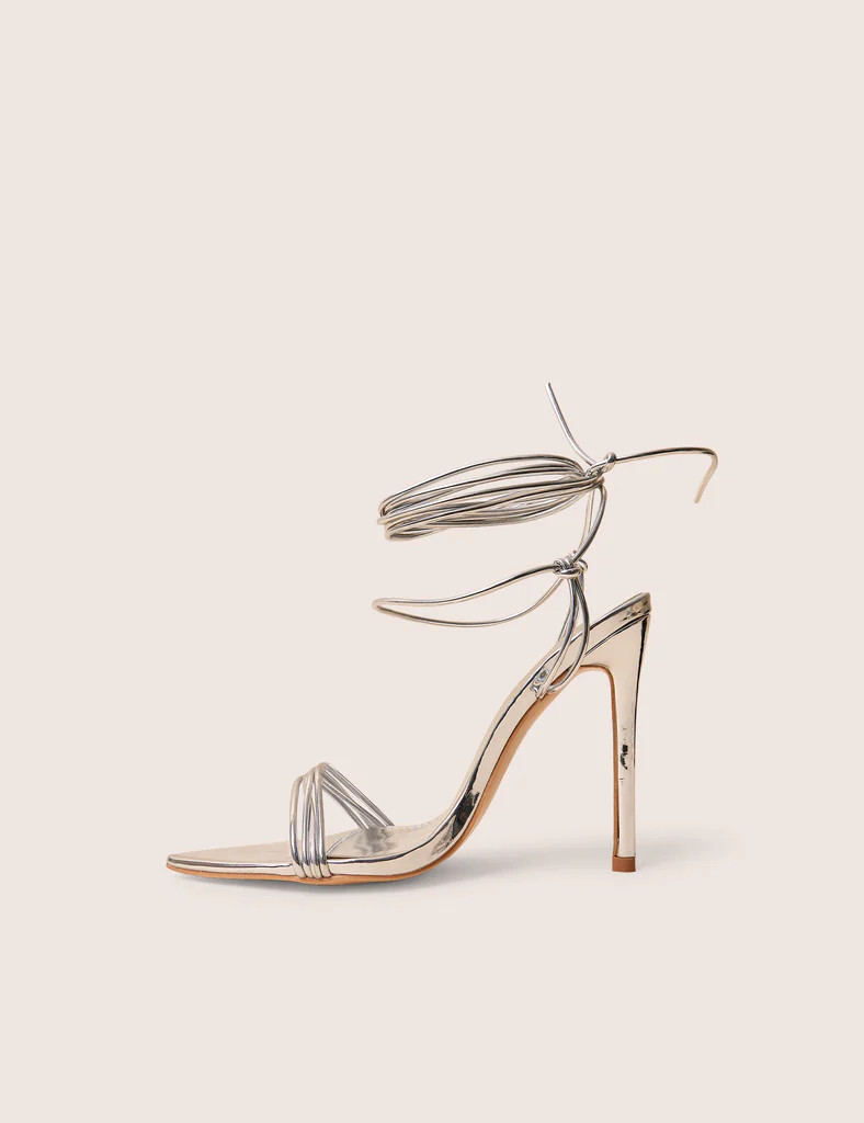Merlot Mirror Silver Pu Lace Up Wrap Around Pointed Toe Stiletto Heels | Public Desire