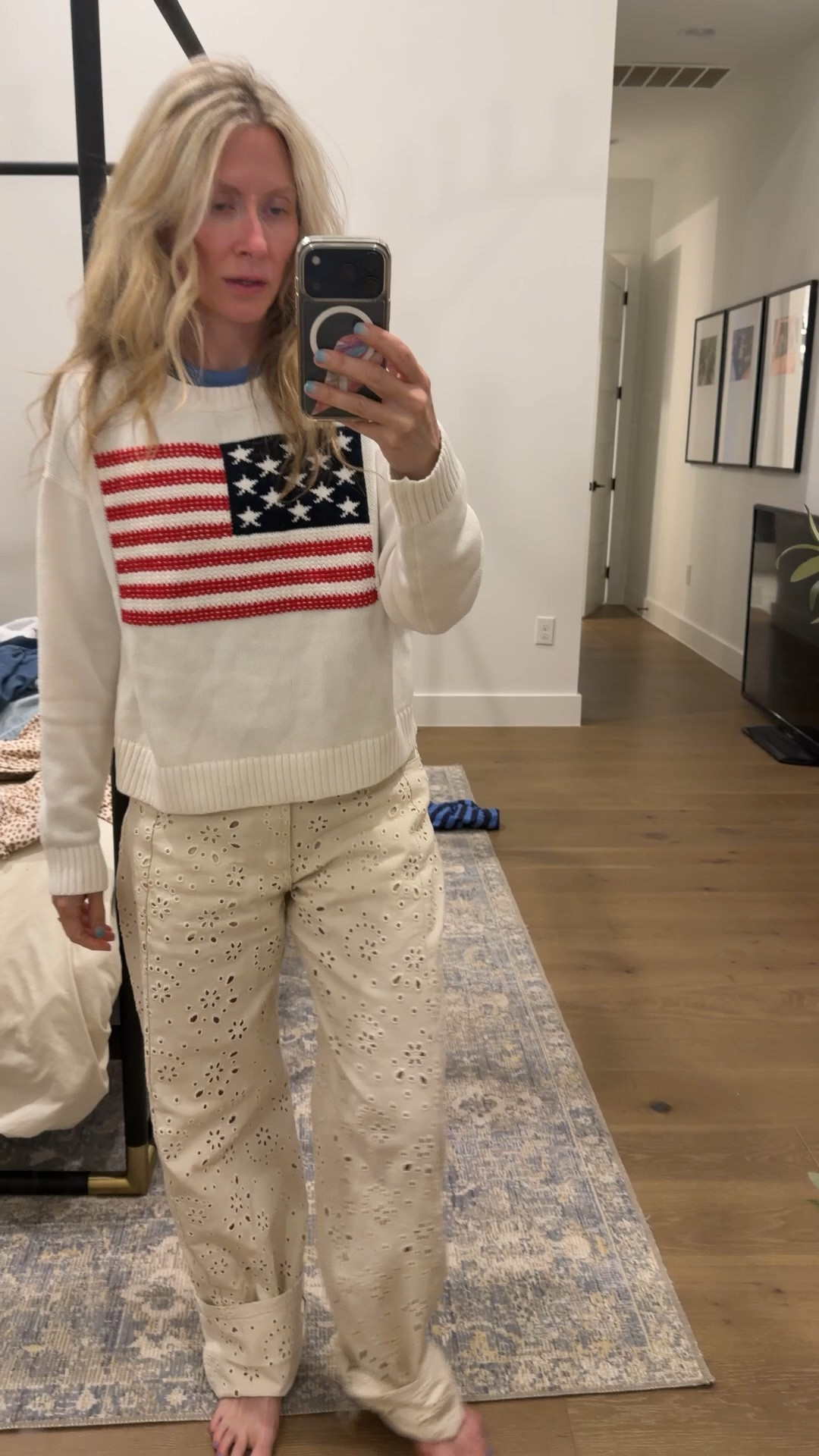 Red white and blue look! Flag sweater from old navy paired with eyelet cutout white denim or a red pair of embroidered cotton shorts 
In a size small in sweater and 26 in jeans. 
Steve Madden rori jeans 
Nuuds slinky Rib shirt 
Cotton flag sweater

#LTKSeasonal #LTKootd #LTKmomlife