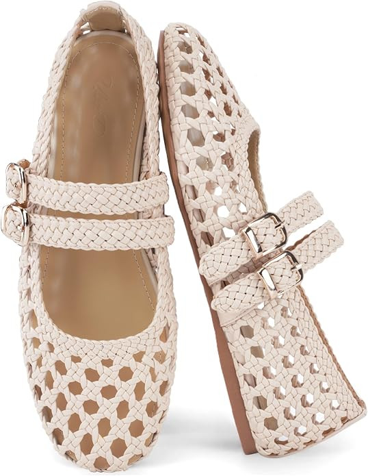 UBWDU Woven Mesh Ballet Flats for Women Double Buckle Mary Jane Flats | Amazon (US)