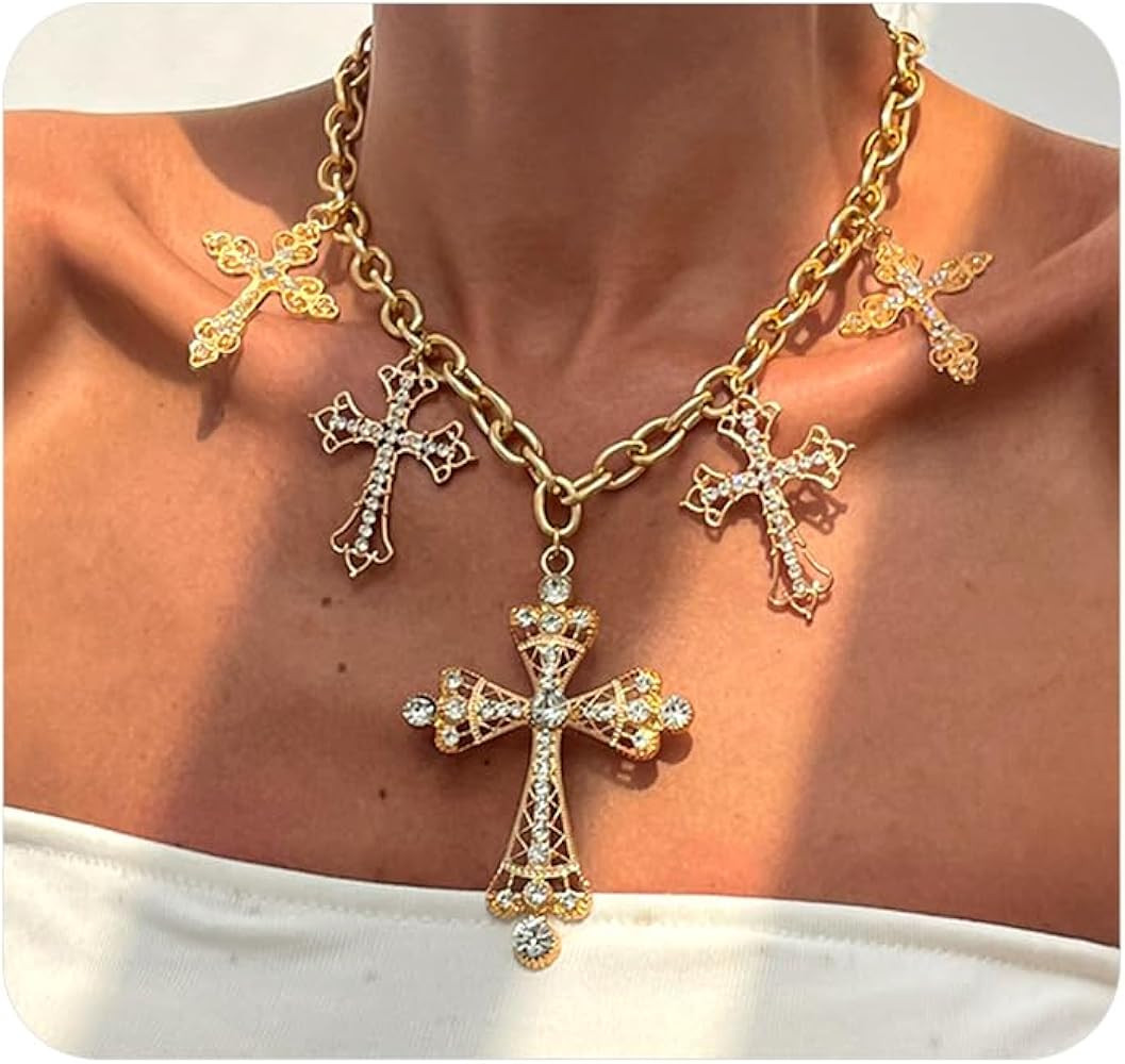 Chunky Gold Zircon Cross Choker Necklace for Women,Vintage Gothic Big Pearl Cross Statement Neckl... | Amazon (US)