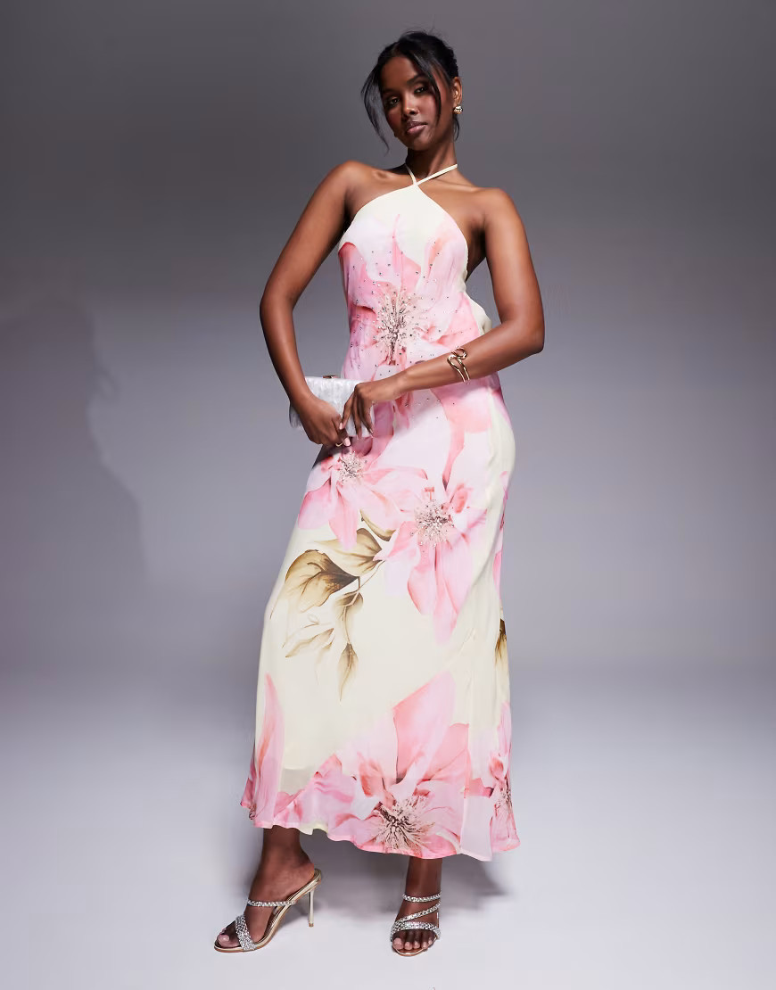 River Island floral halterneck maxi dress with embellished detail in yellow | ASOS (Global)