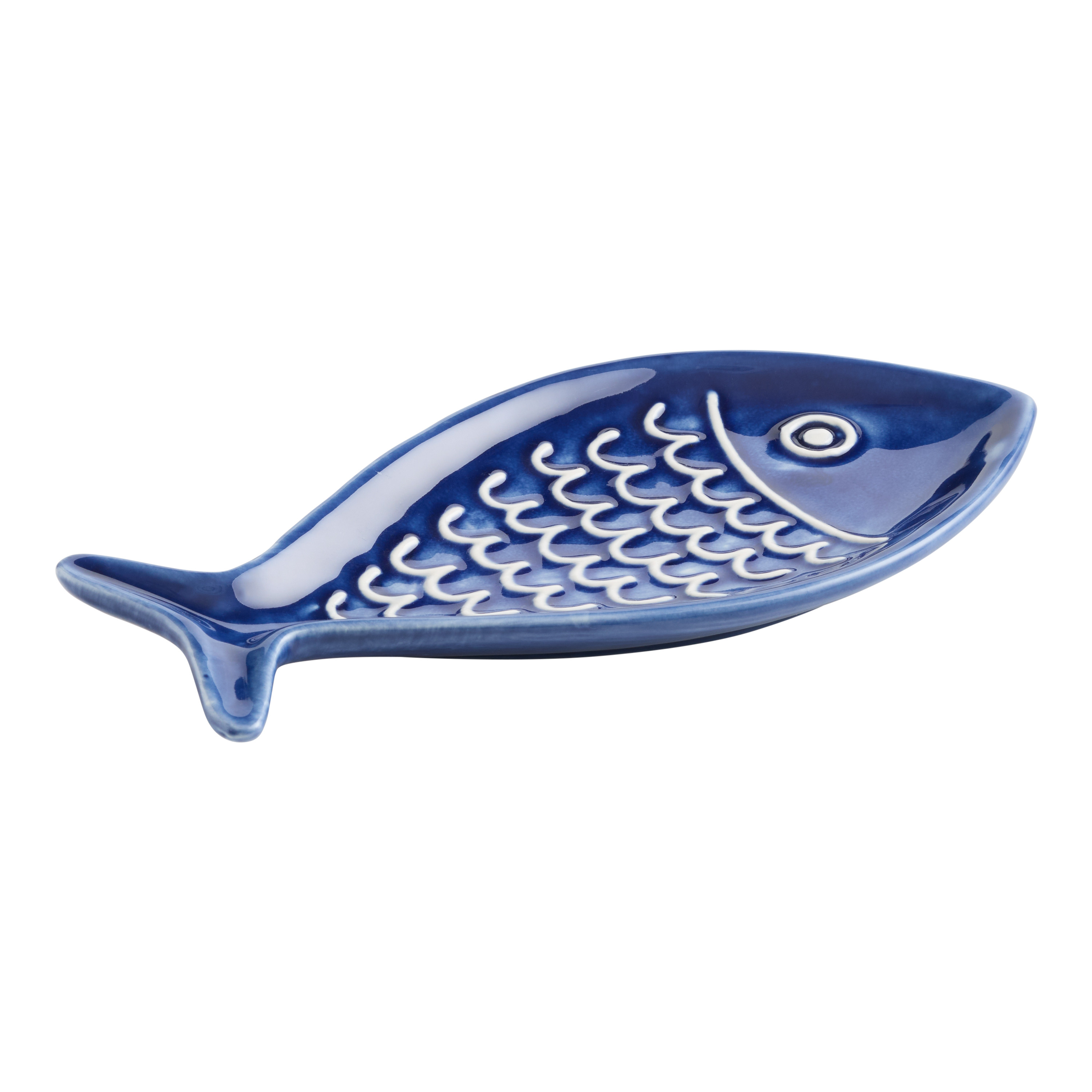 Navy Blue and White Ceramic Embossed Fish Figural Spoon Rest | World Market