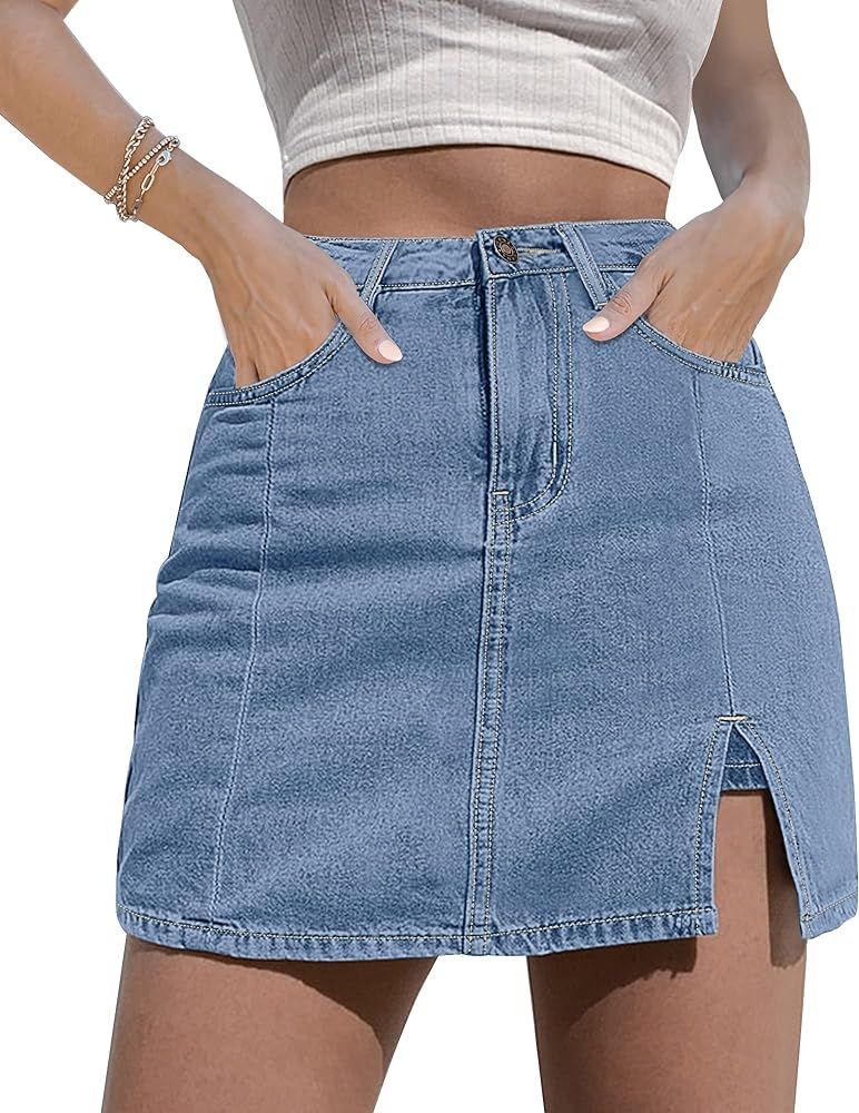 luvamia Skorts Skirts for Women Denim Mini Skirt Side Slit with High Waisted Jean Shorts Stretchy | Amazon (US)