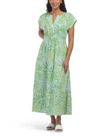 Linen Blend Island Palm Smock Waist Maxi Dress | TJ Maxx