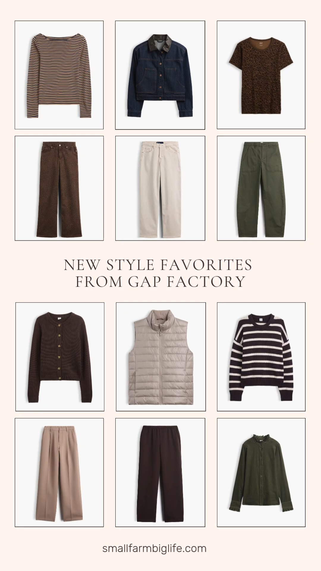 Gap Factory is stocking up on easy, wearable fall staples, and this lineup is packed with relaxed fits and warm neutral tones. The beige grey low rise '90s loose jeans and the brown leopard mid rise wide leg jeans give you two very different denim options depending on your mood, one classic and relaxed, one with a little print for fun.

Layering pieces are strong this round too. The fall beige relaxed puffer vest and the dark wash cropped denim chore jacket with a brown collar are both great options for transitional weather, while the army green corduroy ruffle shirt adds some texture and interest.

Knitwear leans heavily into chocolate brown, with a crewneck cardigan and wide leg pants that work perfectly together as a cozy matching set. The dark brown and white stripe crewneck sweater and the navy and khaki stripe ribbed boatneck tee both bring easy pattern into the mix without trying too hard.

For bottoms beyond denim, the army green mid rise barrel khakis and the warm golden brown recycled crepe trousers are both great work friendly options, and the brown leopard crewneck tee is an easy way to add print up top.

#gapfactory #fallfashion #falloutfits #fallstyle #newarrivals 

 #LTKootd #LTKOver40 #LTKSaleAlert