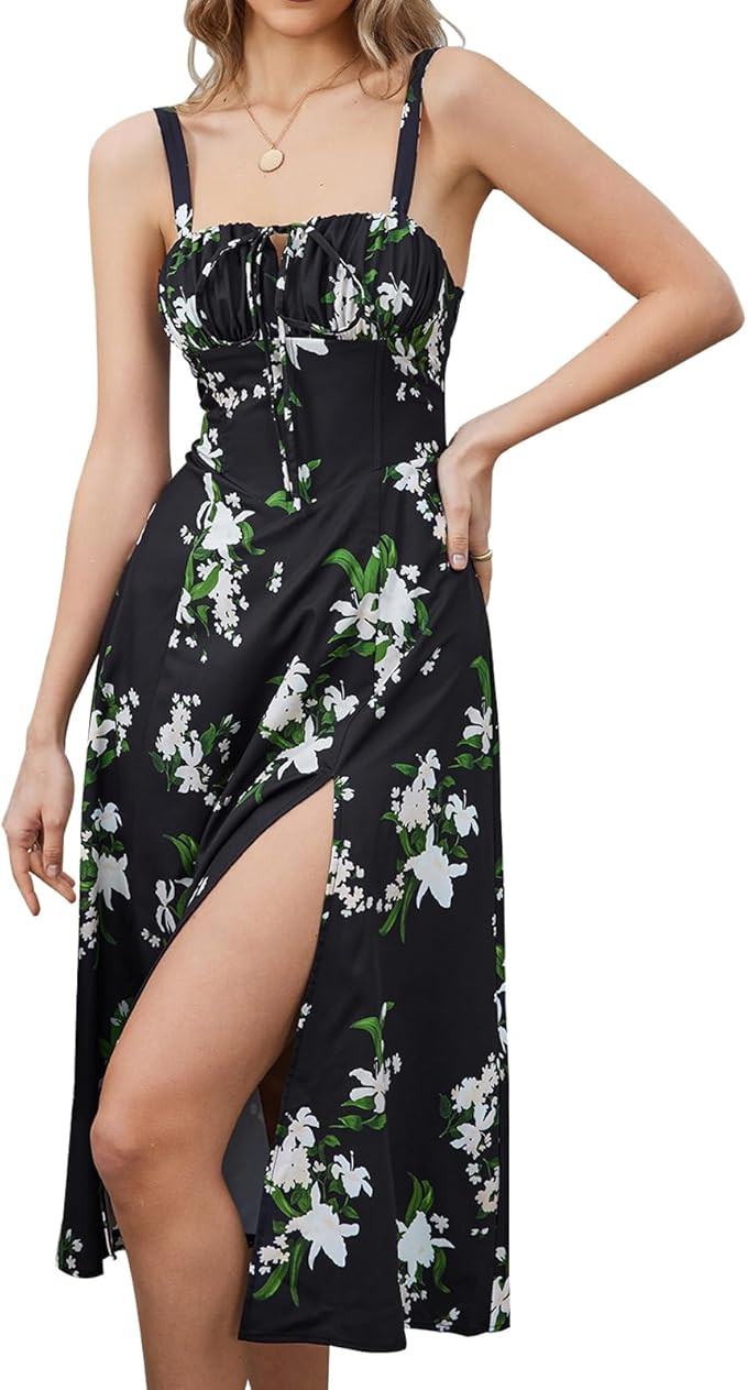 Floral Midi Corset Dress Boho Flowy Slit Lace Up Dresses for Women Going Out A Line Casual Sundre... | Amazon (US)