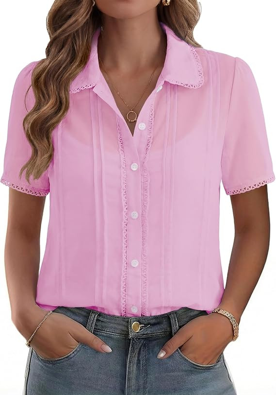 IECCP Button Down Shirts for Women Short Sleeve Lace Trim Sheer Cotton Blouses Spring Summer Tops... | Amazon (US)