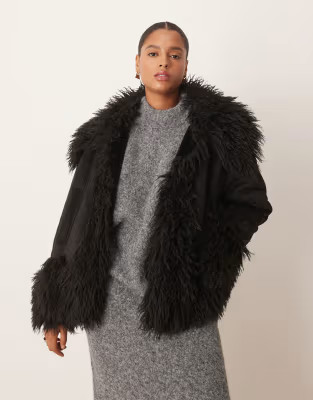 ASOS DESIGN Curve penny lane faux fur trim coat in black | ASOS (Global)