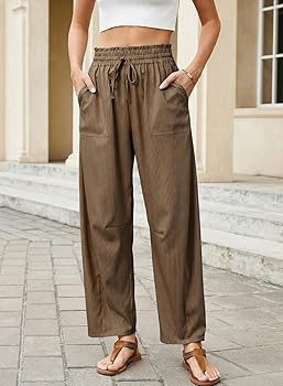 Dokotoo Women's Striped Barrel Casual Pants High Waisted 2026 Elastic Drawstring Trousers | Amazon (US)