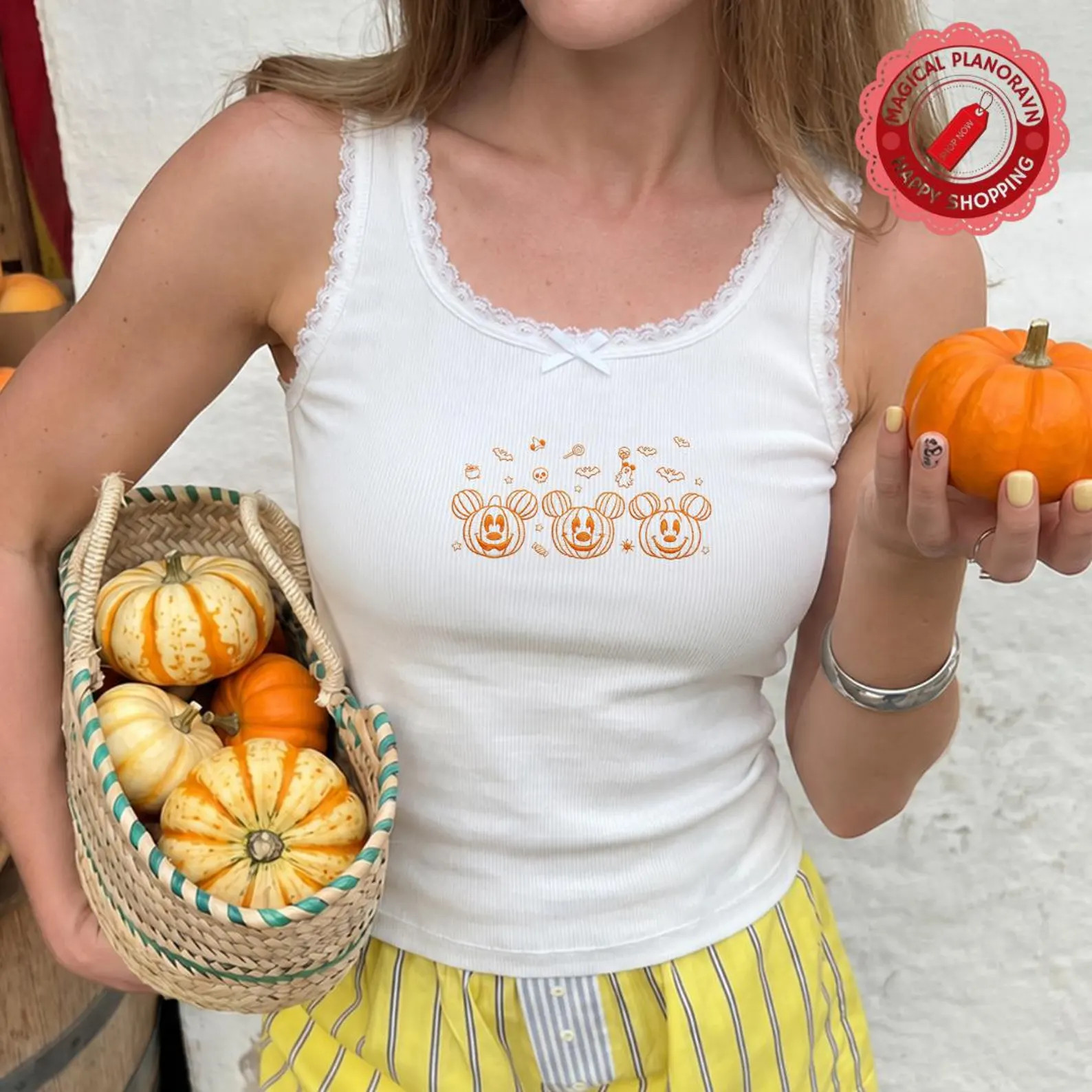 Embroidered Mickey Pumpkin Patch Disney Halloween Baby Tee Crop Tank, Embroidery Walt Disney Worl... | Etsy (Global)