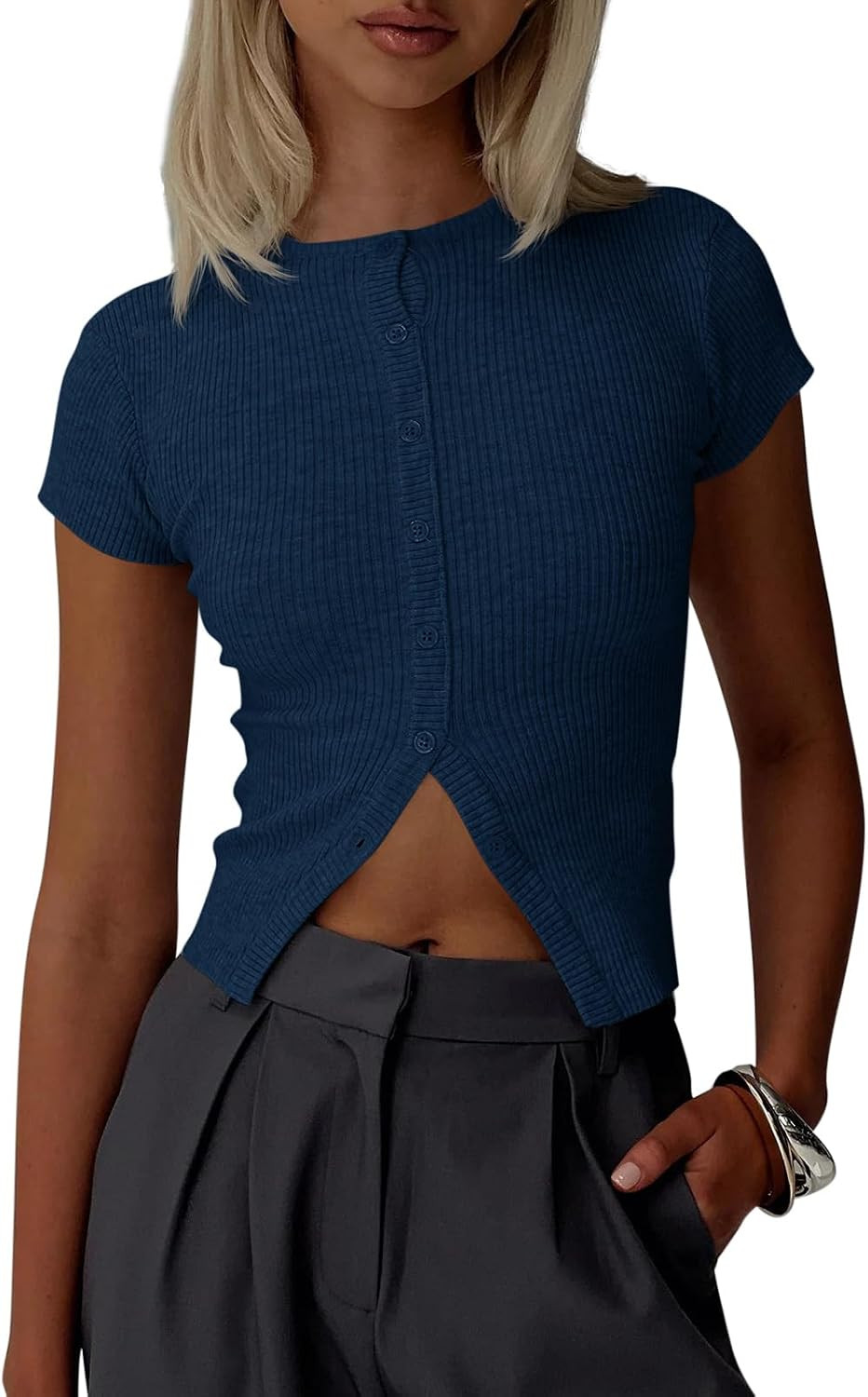 Imily Bela Womens Short Sleeve Y2K Summer Tops Button Down Tshirt Ribbed Knit Slim Fit Sweater Cropped Cardigan | Amazon (US)