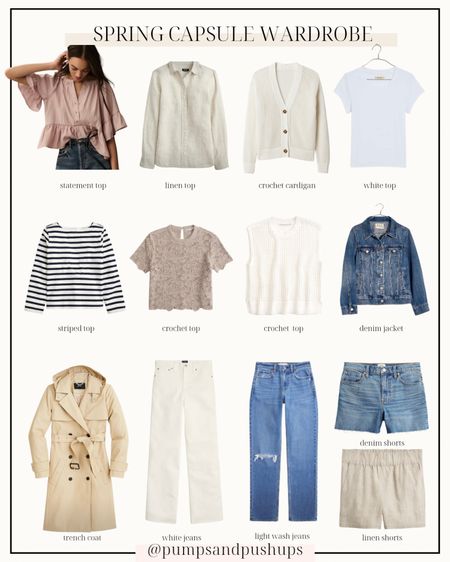Preview of the spring capsule wardrobe!

Sizing starting at top left 
Anthropologie Peplum top: petite xs 
J.crew Linen top: petite xxs 
Gap crochet sweater: petite xs 
Madewell top: xxs 
J.crew striped top: xxs 
Abercrombie crochet top: xxs 
Abercrombie sleeveless top: xxs 
Madewell denim jacket: regular xxs 
J.crew trench coat: petite 00 
AYR jeans: 24 in 25” length 
J.crew white jeans: petite 24 
Abercrombie mid rise jeans: 24 extra short (alternate option) 
J.crew shorts: 24
J.crew pull on shorts: xxs (run large, go down a size) 

My measurements for reference: 4’10” 105lbs bust, waist, hips 32”, 24”, 35” size 5 shoe 

#LTKSeasonal #LTKstyletip