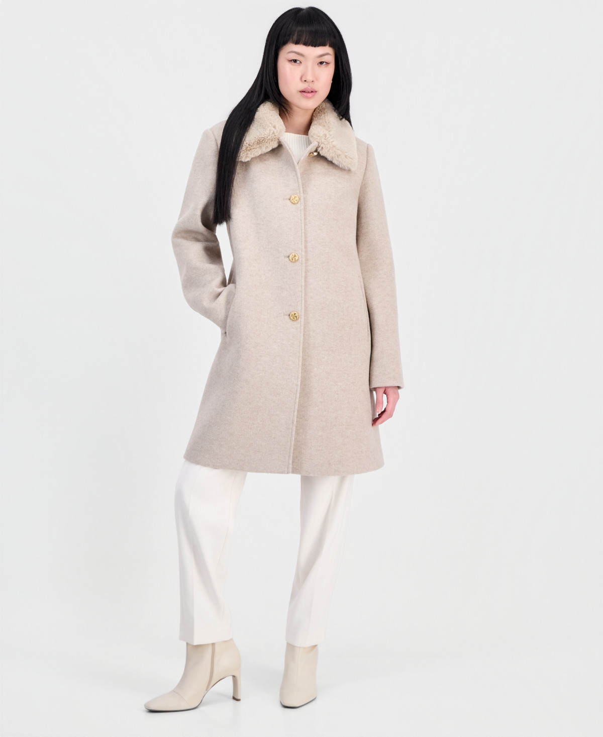 CeCe Women's Faux-Fur Club Collar Mid-Length Lined Coat - Oatmeal | Macy's