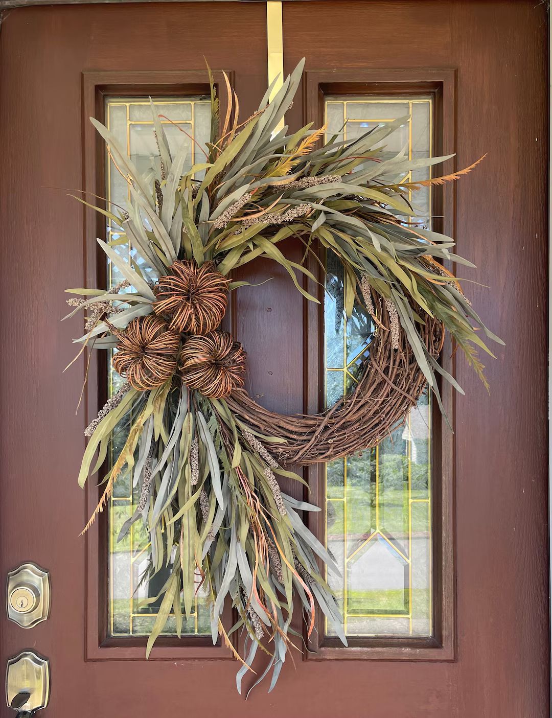 Neutral Fall Wreath, Cascading Wreath With Vine Pumpkins, Green and Copper Grass Wreath, Rustic B... | Etsy (US)