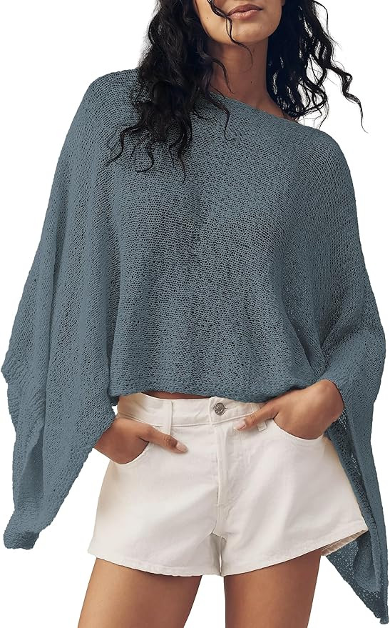 Womens Summer Knit Sheer Poncho Crop Tops Oversized Beach Cover Up Sexy Lightweight Crochet Shrug... | Amazon (US)