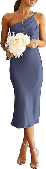 PRETTYGARDEN Women's Midi Satin Dress One Shoulder Spaghetti Strap Backless Ruched Summer Bodycon Dresses | Amazon (US)