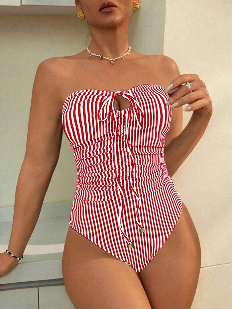 Swim Chiccia Women's Red & White Striped Ruched Sexy Tie-Up One-Piece Swimsuit, Beach Vacation Outfit For Summer | SHEIN