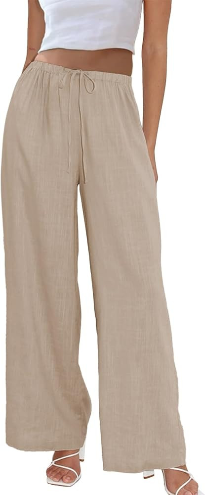 Duyang Womens Cotton Linen Palazzo Pants Drawstring Elastic Waist Casual Wide Leg Trousers with P... | Amazon (US)