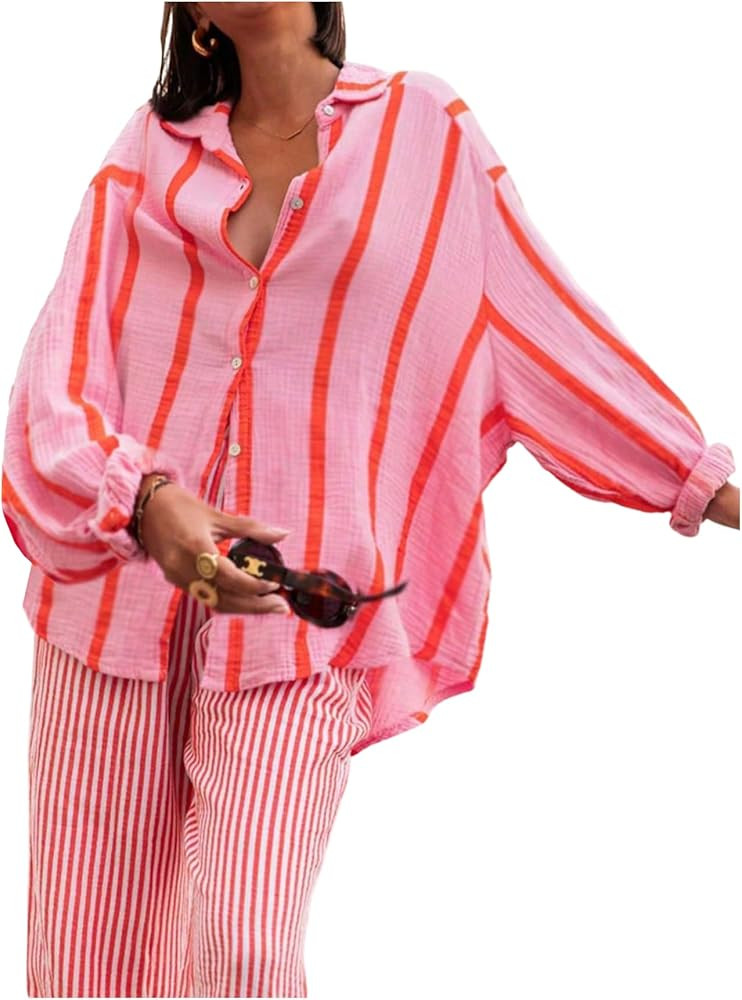 Milumia Women's Plus Size Striped Long Sleeve Blouse Shirt Collared Button Down Oversized Tops | Amazon (US)