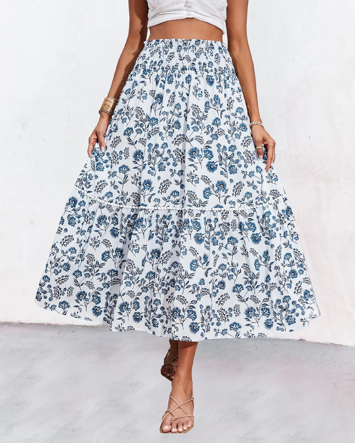 BTFBM Women 2023 Summer Fall Floral Long Skirts Casual Elastic High Waist Pleated Swing A Line Bo... | Amazon (US)