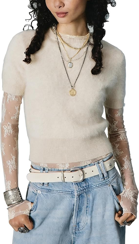Women's Furry Cropped Sweater Short Sleeve Soft Fuzzy Sweater T Shirt Loose Casual Knit Pullover | Amazon (US)
