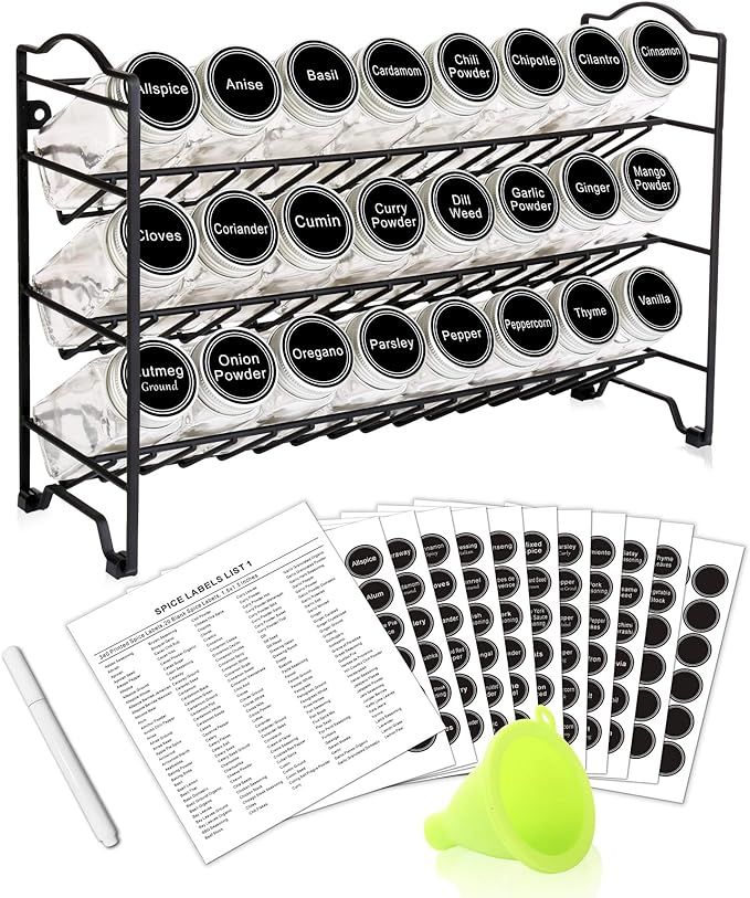 SWOMMOLY Spice Rack with 24 Empty Square Spice Jars, 396 Spice Labels with Chalk Marker and Funne... | Amazon (US)