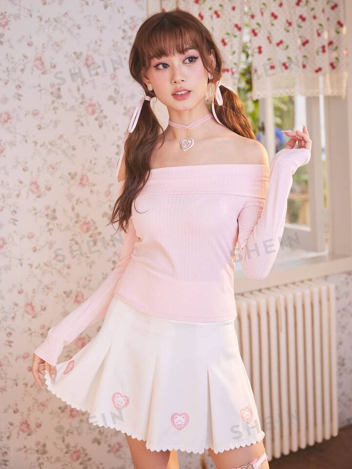 ROMWE Kawaii Off Shoulder Foldover Front Ribbed Knit Tee, School | SHEIN