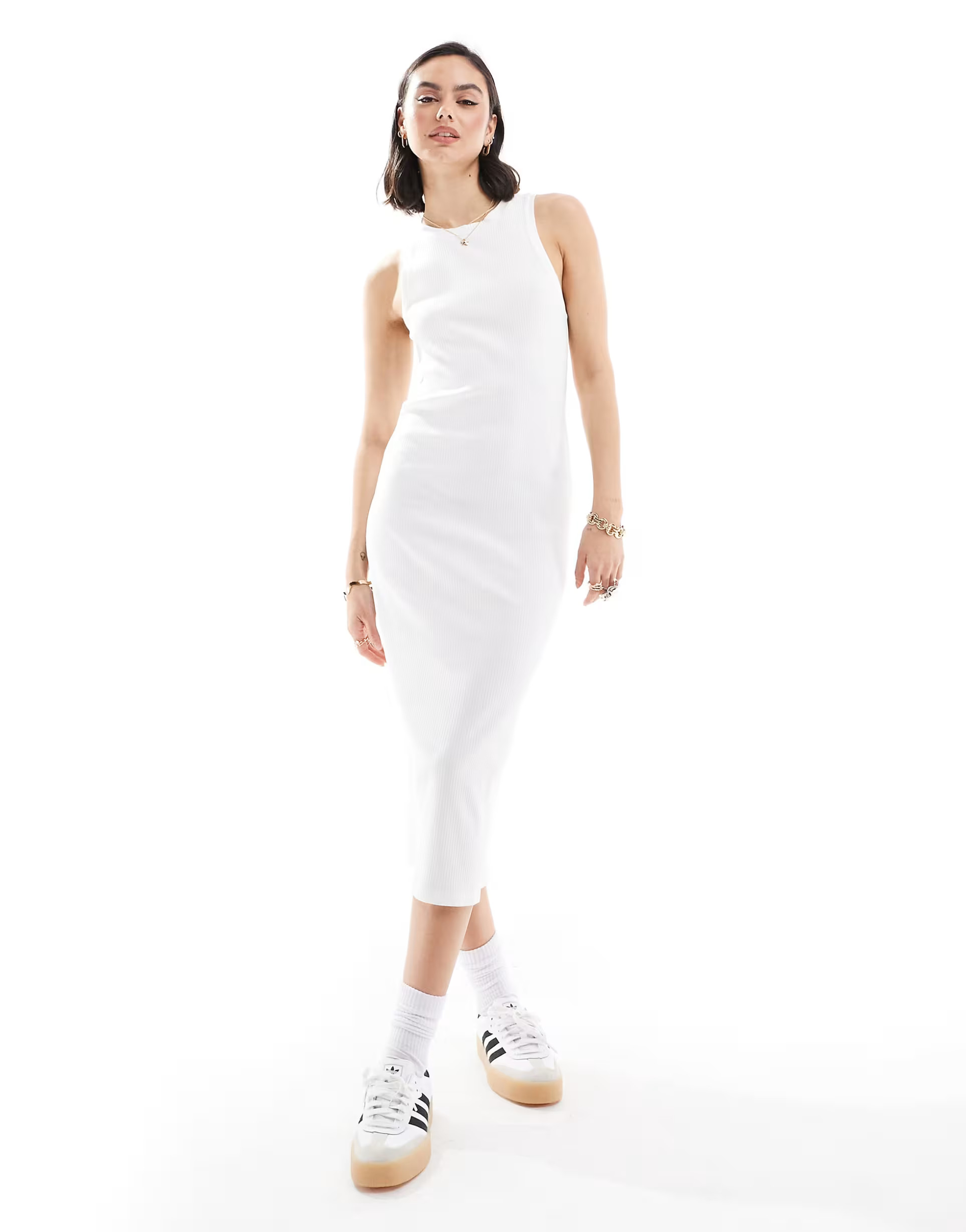 Vero Moda Aware ribbed racer neck midi dress in white | ASOS (Global)