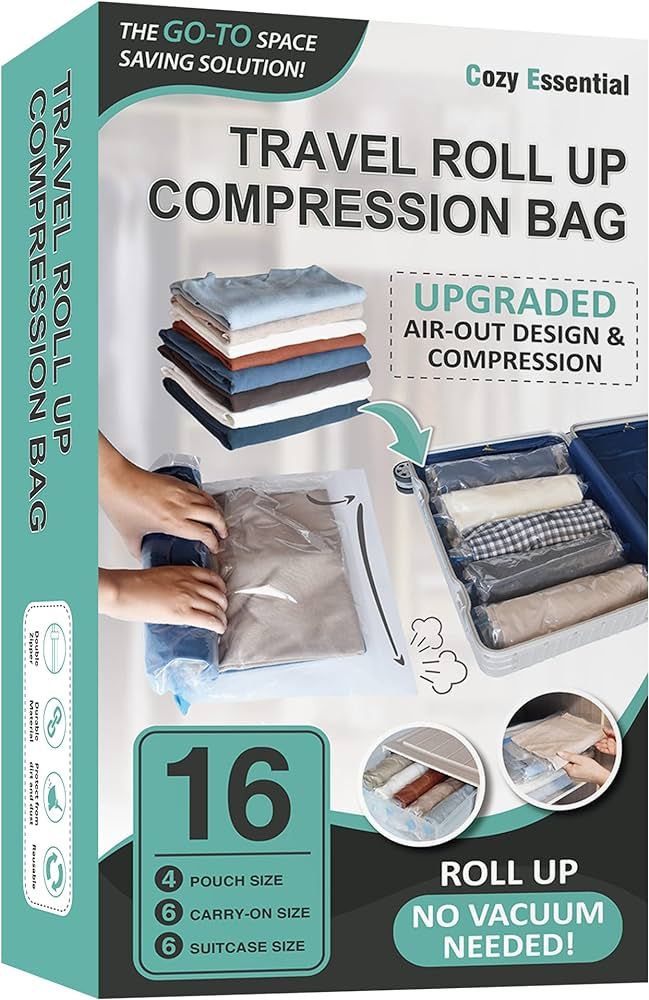 16 Travel Compression Bags Vacuum Packing, Roll Up Space Saver Bags for Luggage, Cruise Ship Esse... | Amazon (US)