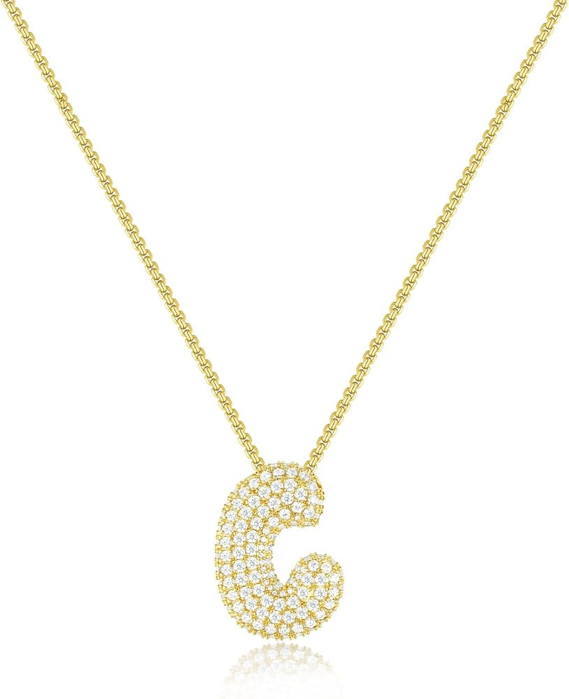 KissYan Bubble Letter Necklace, 14K Gold Plated Balloon Initial Pendant Box Chain Necklace Dainty... | Amazon (US)