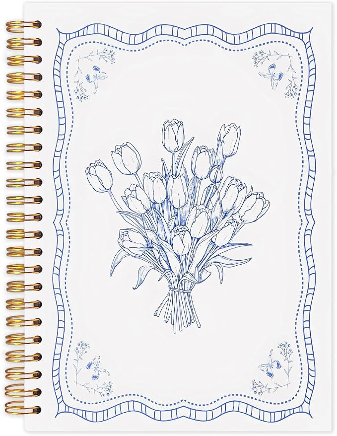 Yhtrg Chinoiserie Blue Floral Tulip Spiral Notebook, Blue and White Flower Journal Notebook, Gran... | Amazon (US)