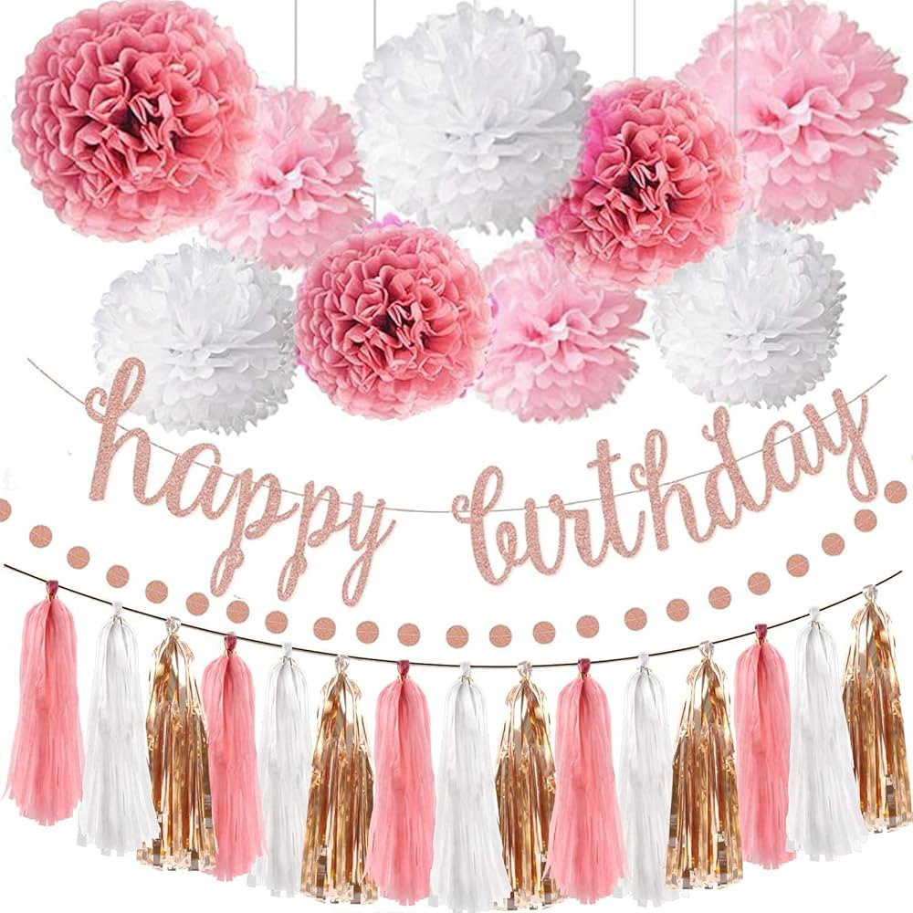 Pink Rose Gold Birthday Party Decorations Set, Rose Gold Glittery Happy Birthday Banner, Tissue P... | Amazon (US)